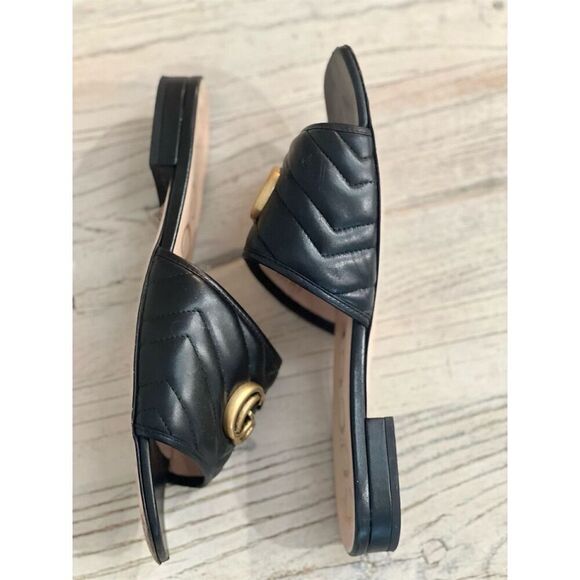 Gucci Marmont Women's Black Quilted Leather Slide Sandals Logo GG Size 39 - Picture 4 of 15